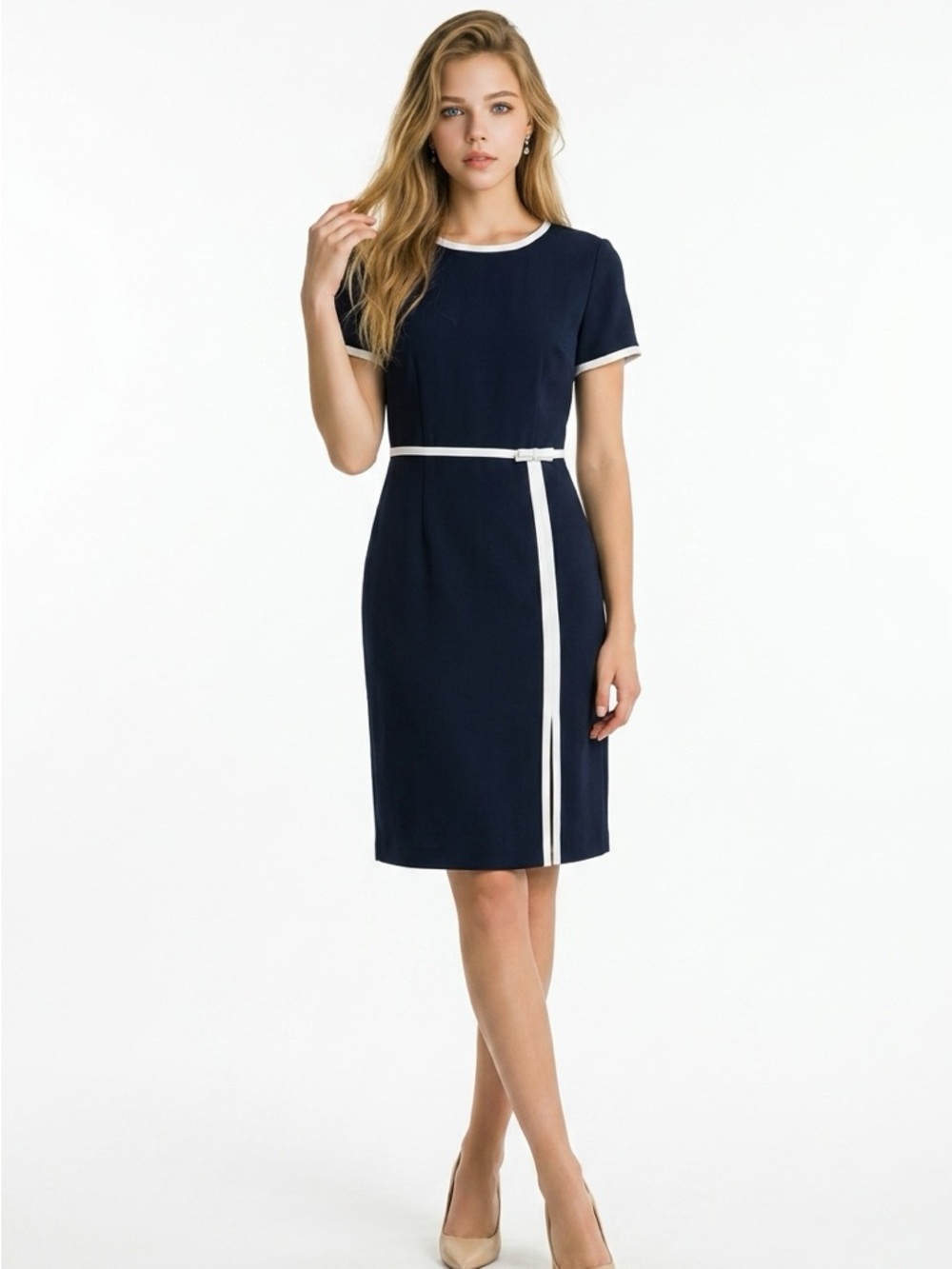 Casual Corner Navy Midi Sheath Dress with White Trim